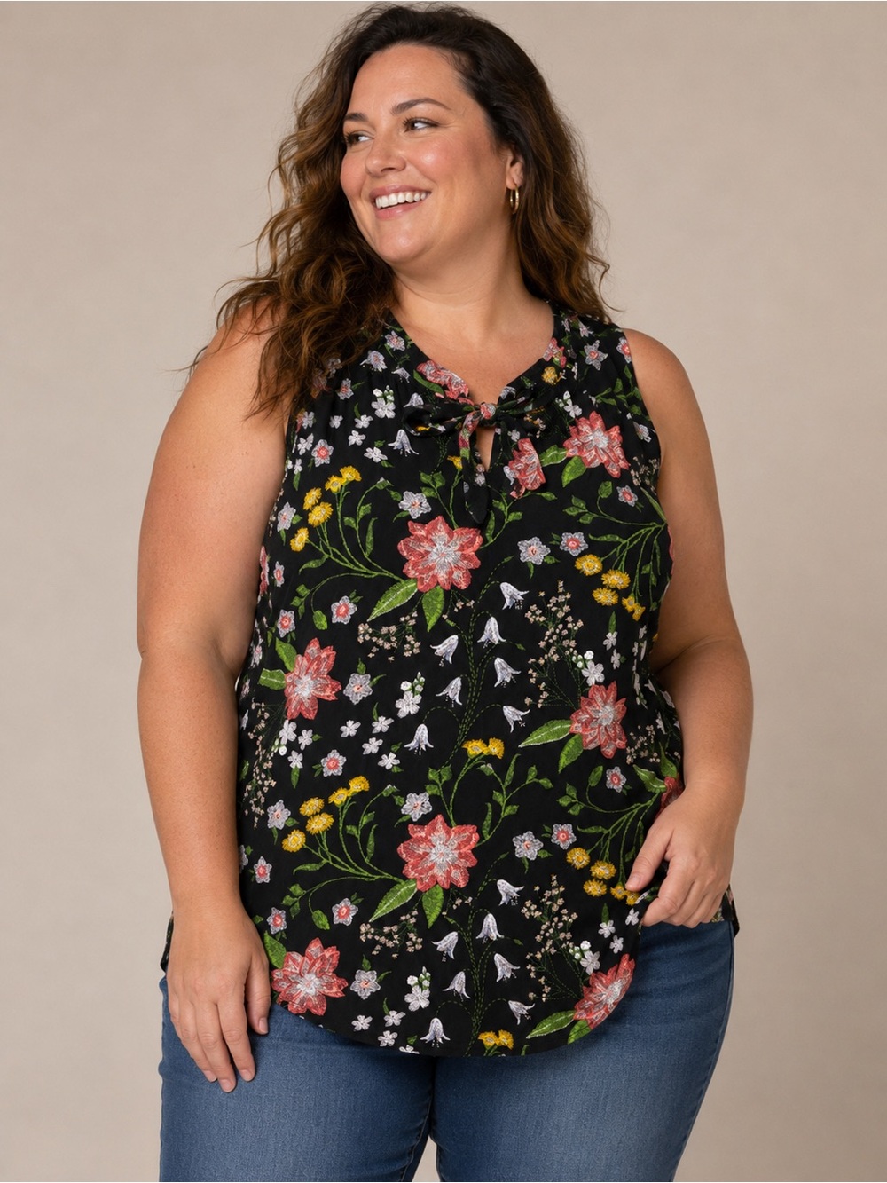 Old Navy Womens XL Floral Tie Neck Blouse Black Multicolor Botanical Top